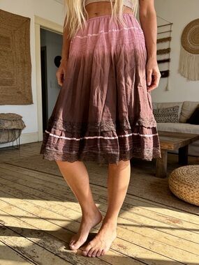 Kiwi Pink and brown burn out 90s style skirt with pink lace & ribbon 🎀 trim